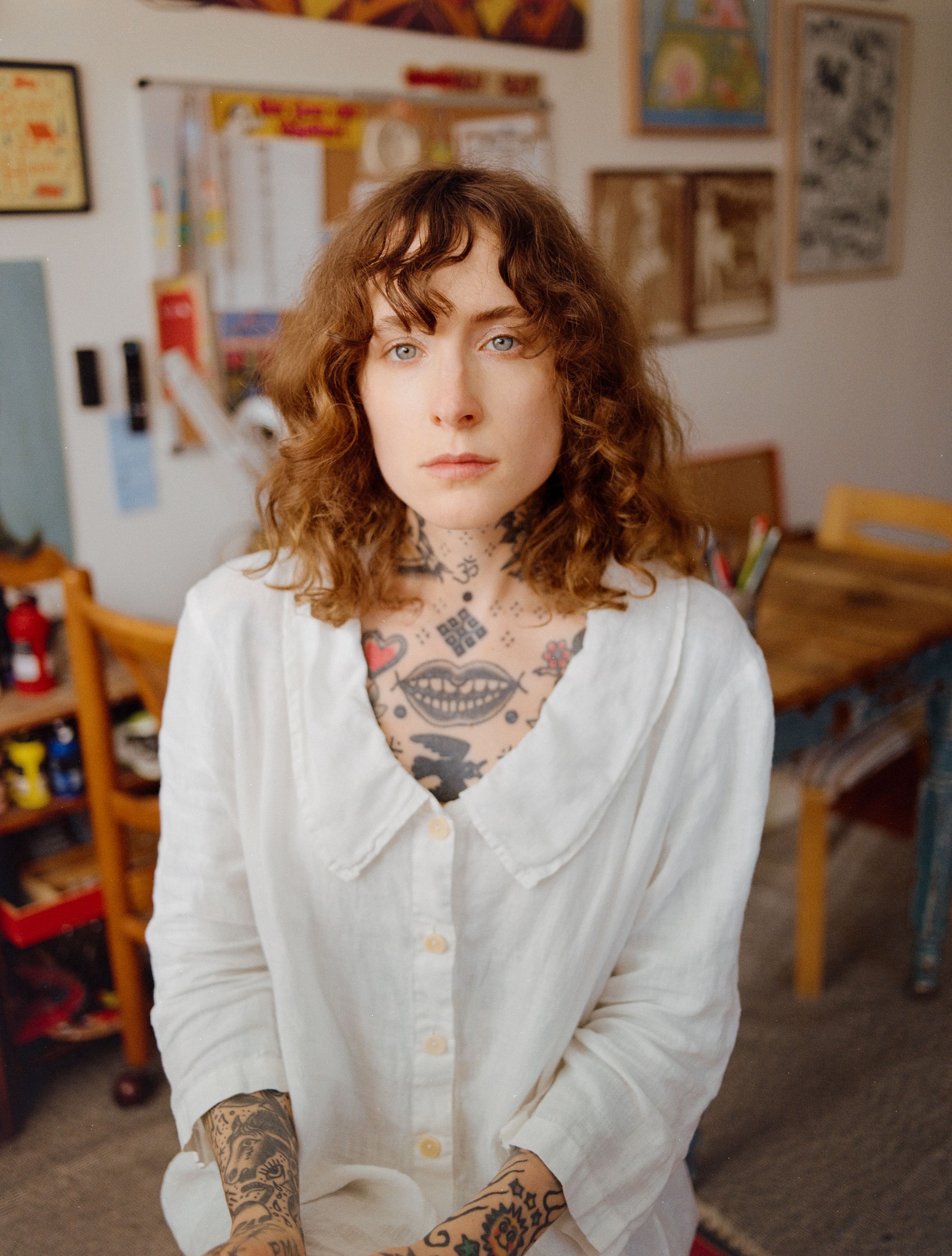 Close portrait of Addeline Griswold in her Los Angeles studio, artist known as Burger Babie, photographed on 120 film by Nathaniel Perales