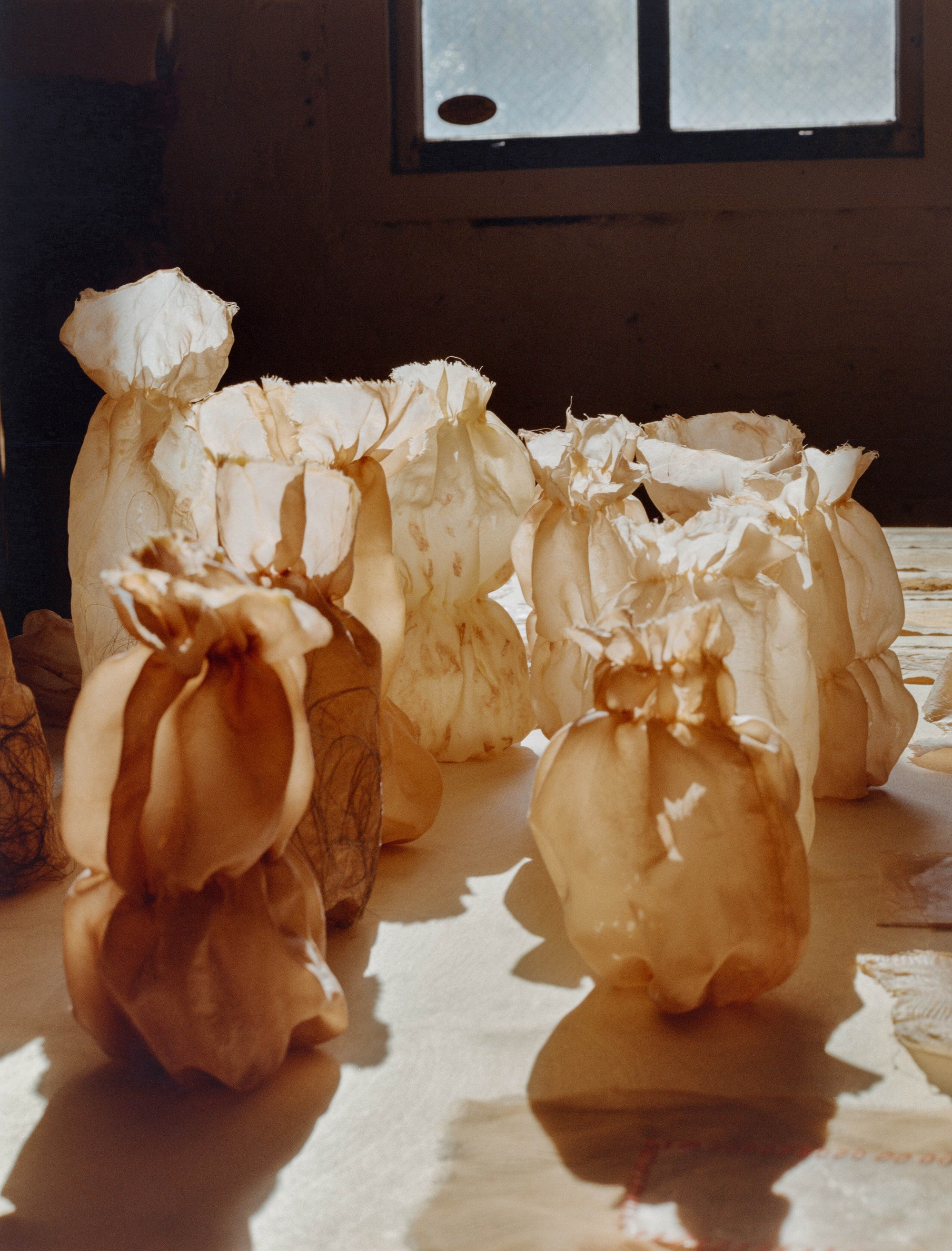 Naturally dyed fabric vessels standing in window light in Laura Kung's Portland studio, shot on medium format film by Nathaniel Perales