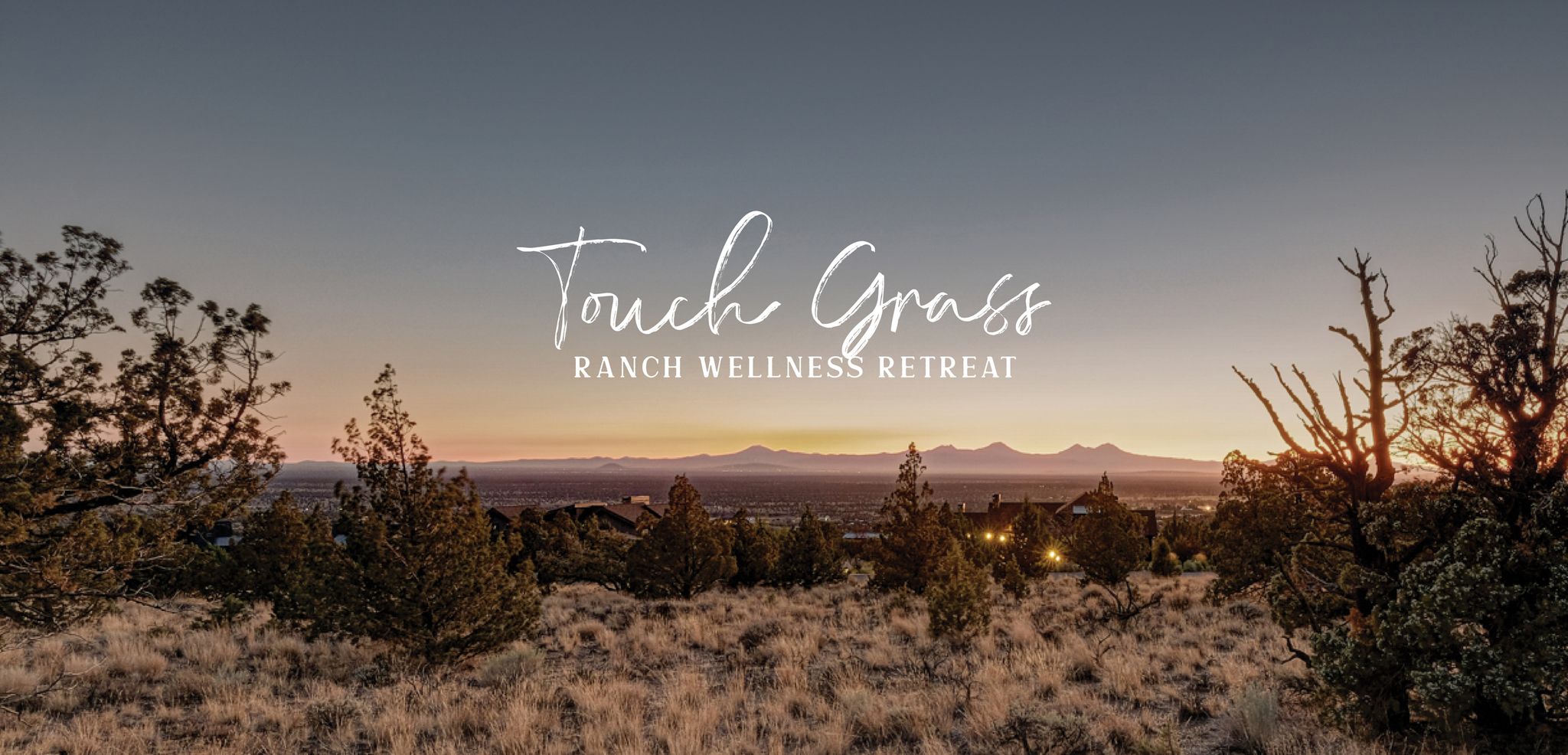 sunset over mountains with Touch Grass Ranch Wellness Retreat title