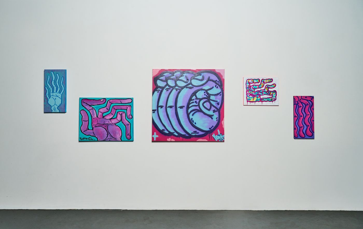 Installation view — all five works in the collection on a white gallery wall