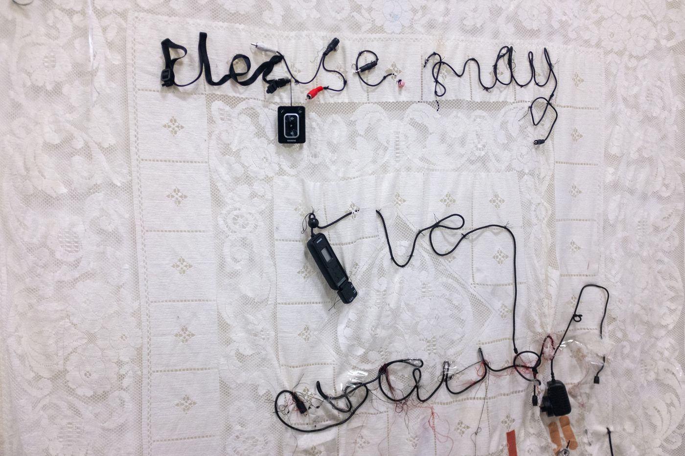 Detail — “please, may” written in wire and cords across the lace