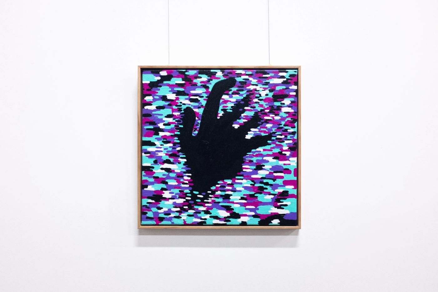 SIGN ERROR 404: Not Found — black hand silhouette over glitching teal, purple and white static, oak frame