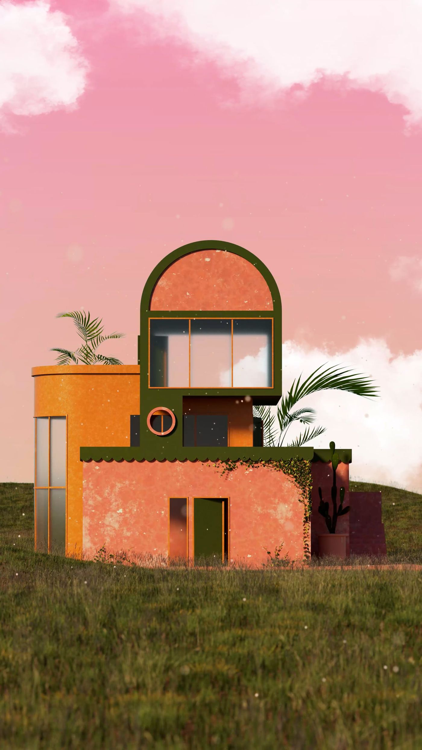 Still from Home — a rendered modular house in terracotta and green standing in a grassy field under a pink sky
