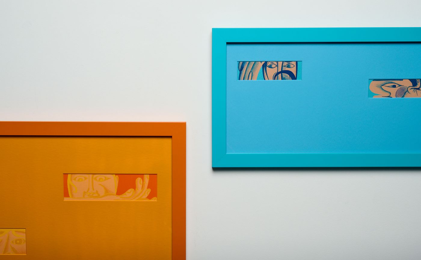 Detail — cropped windows in the orange and teal frames