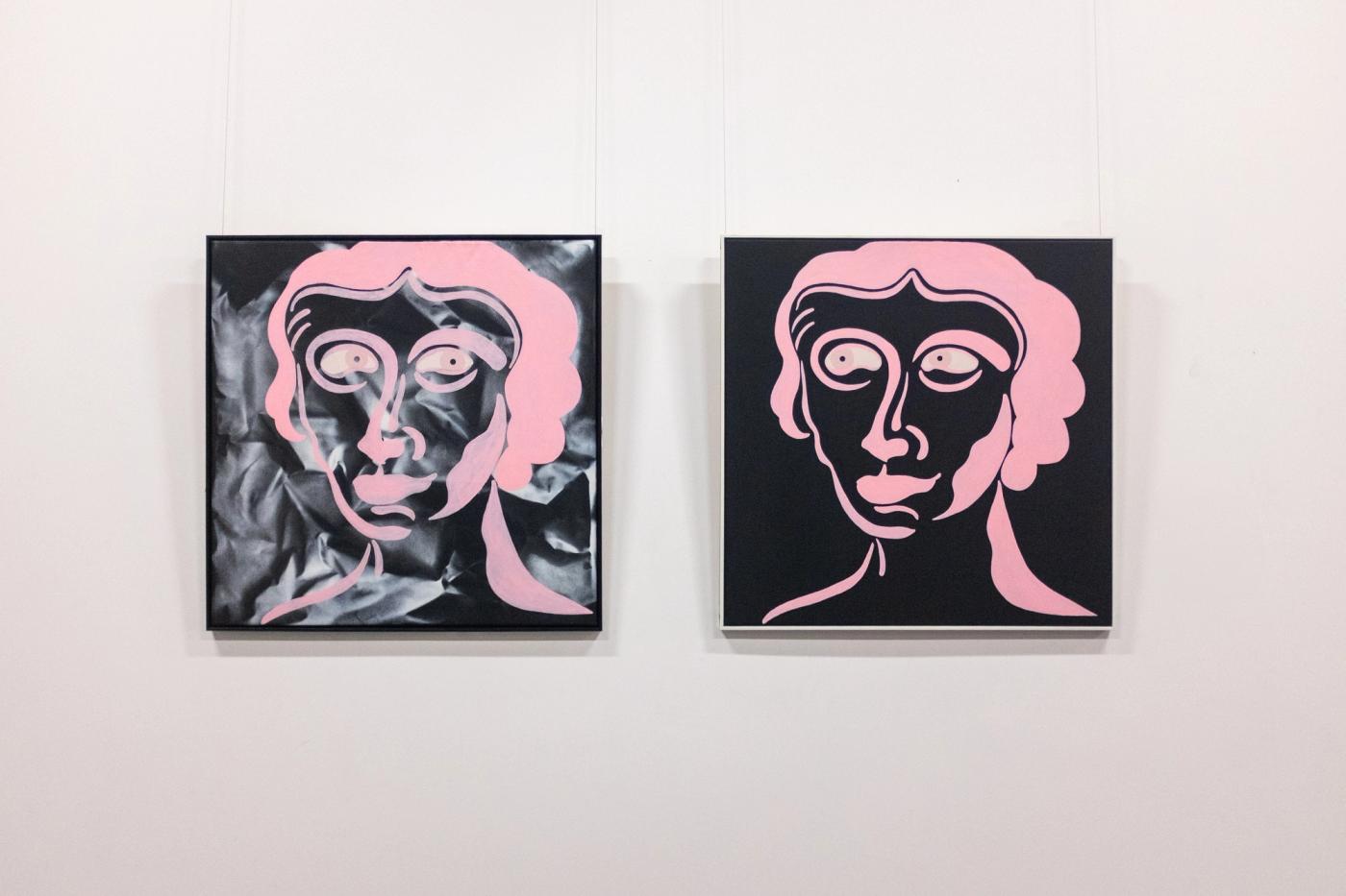 Black That Way (right) and White That Way — two square portraits in pink on black