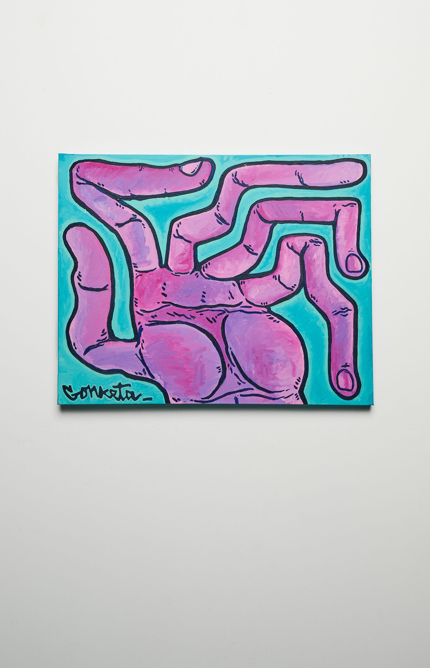Fast Fingers — pink hand with sprawling fingers on a turquoise ground