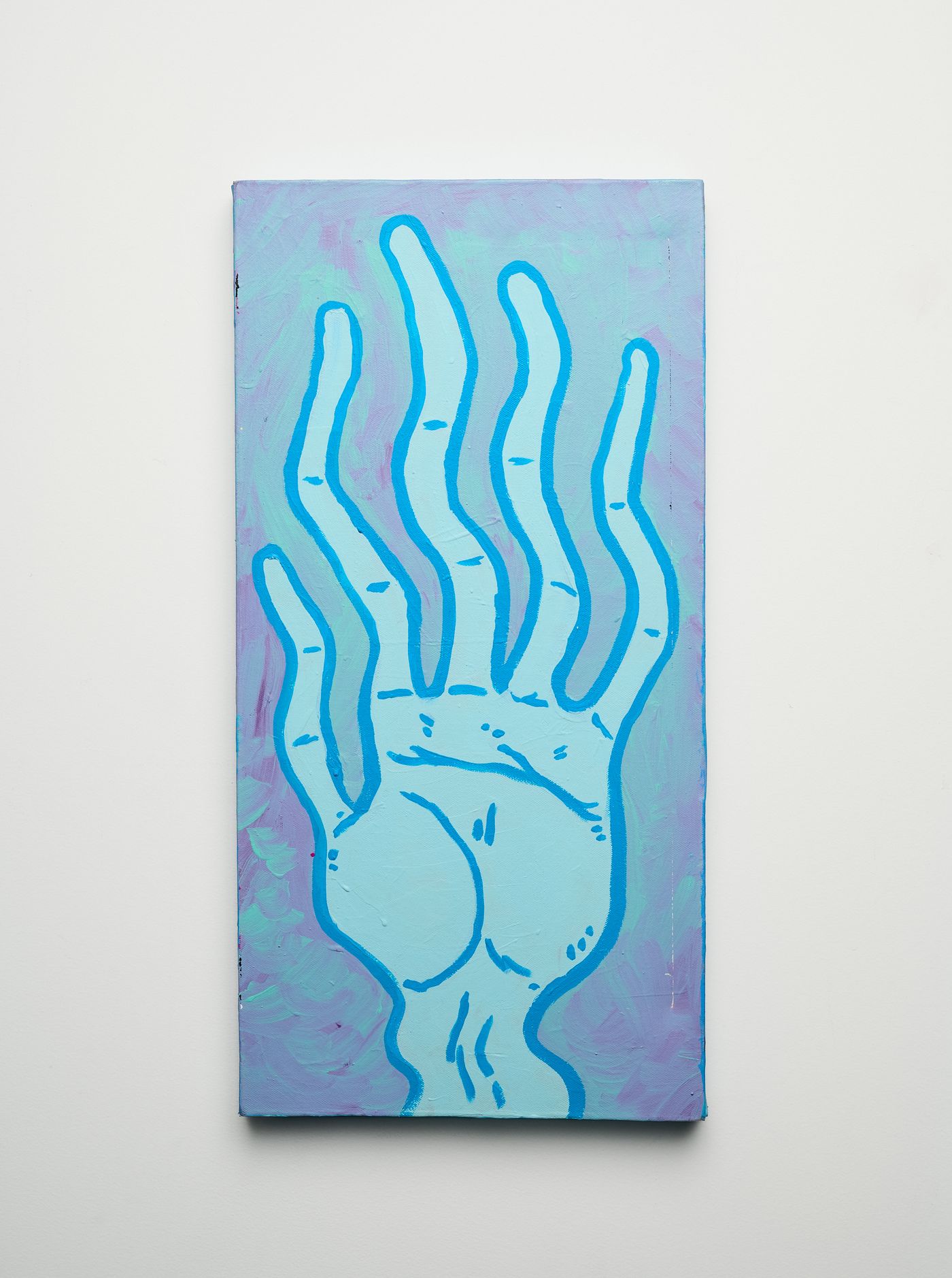 Wiggly — a pale blue hand with long wavering fingers on a lilac ground