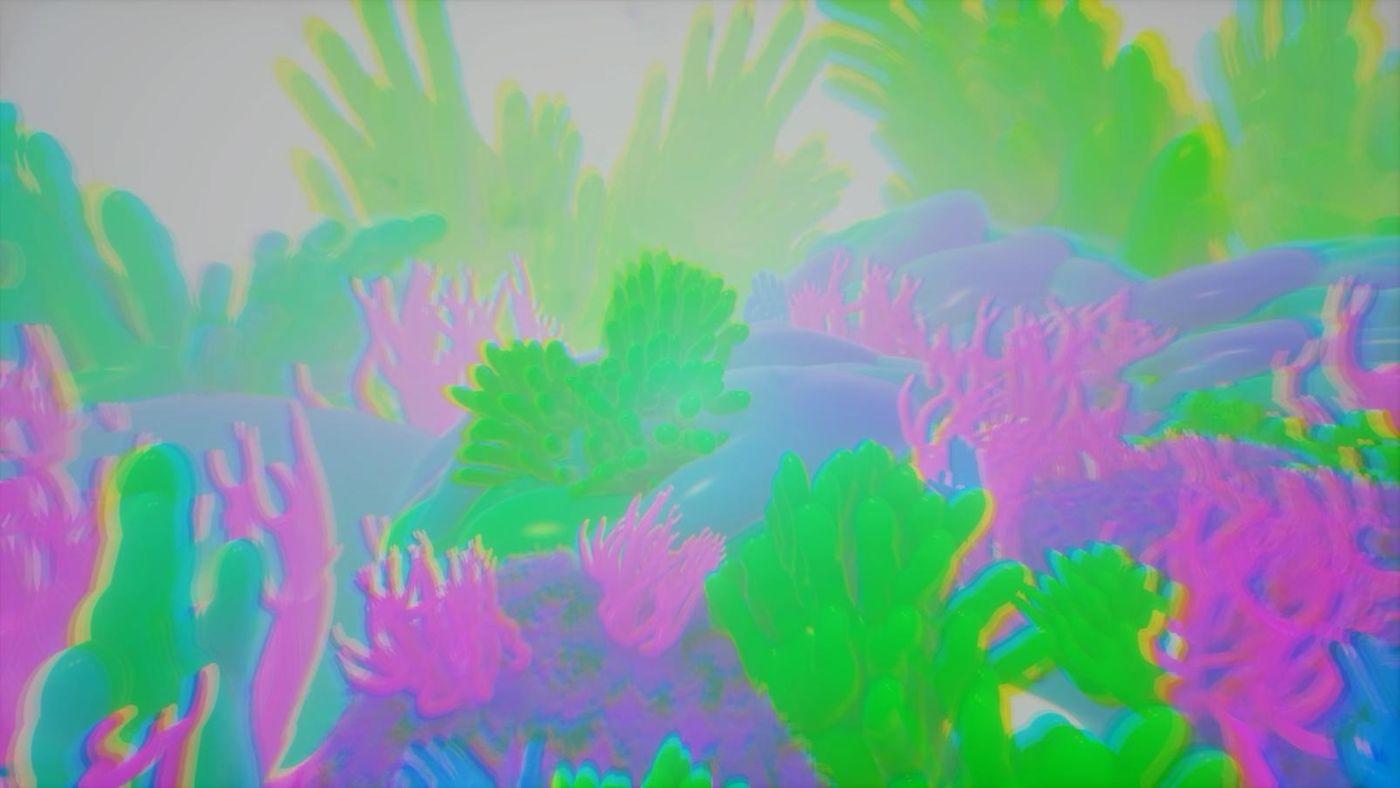 Still from the VR animation — an explosion of synesthesia: hands and coral forms in green, pink and violet