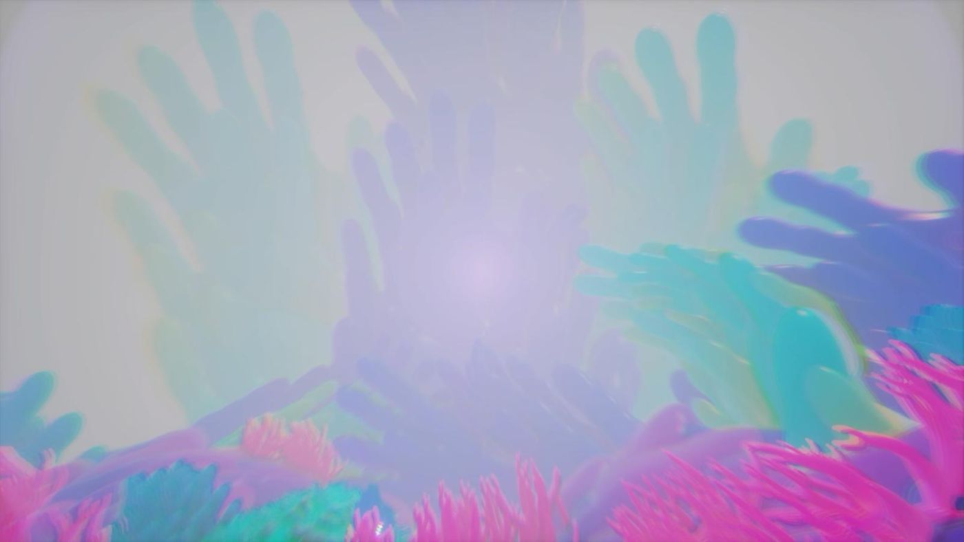 VR still — translucent hands rising in pastel light