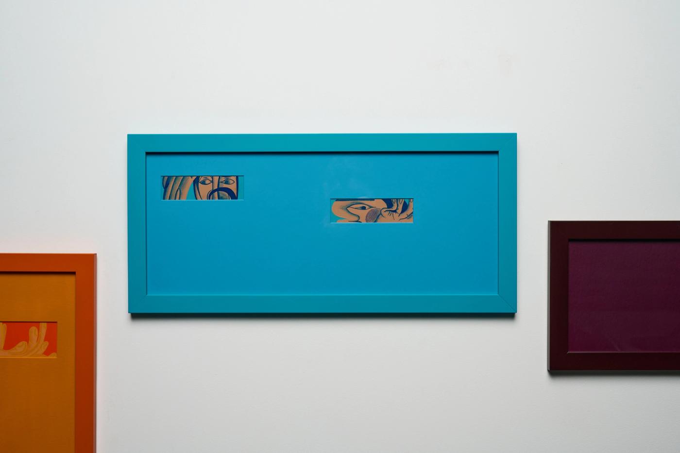 Actually not so strange? — teal frame, faces peering through two cropped windows