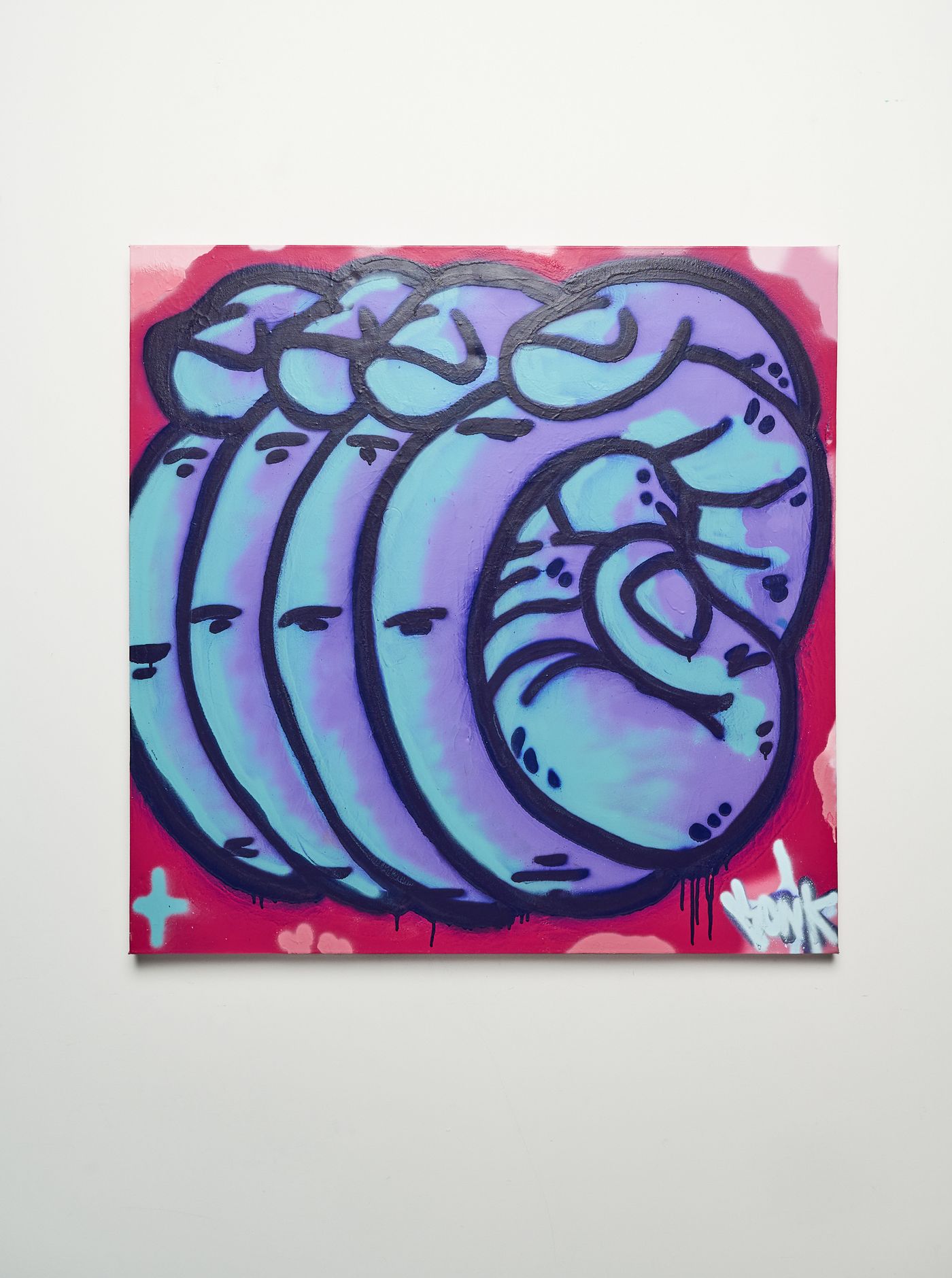 Groundhog Day — repeated sleepy faces looping into themselves, purple on red
