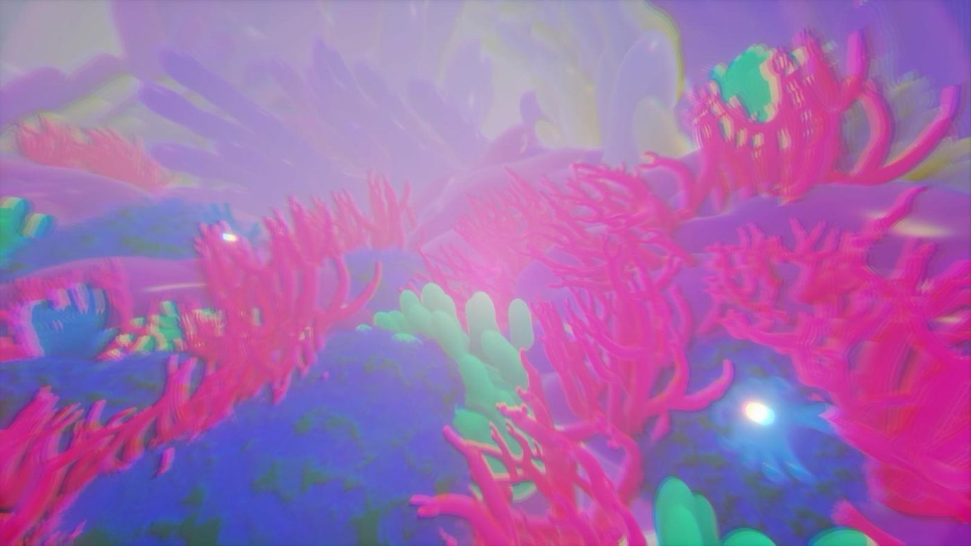 VR still — pink coral tendrils over a blue seabed of hands