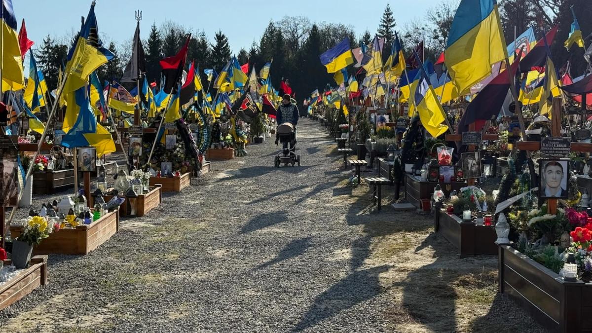 Lviv cemetery. The cemeteries in most towns are easily spotted because of these flags. In larger cities like Lviv there are rows and rows of them.