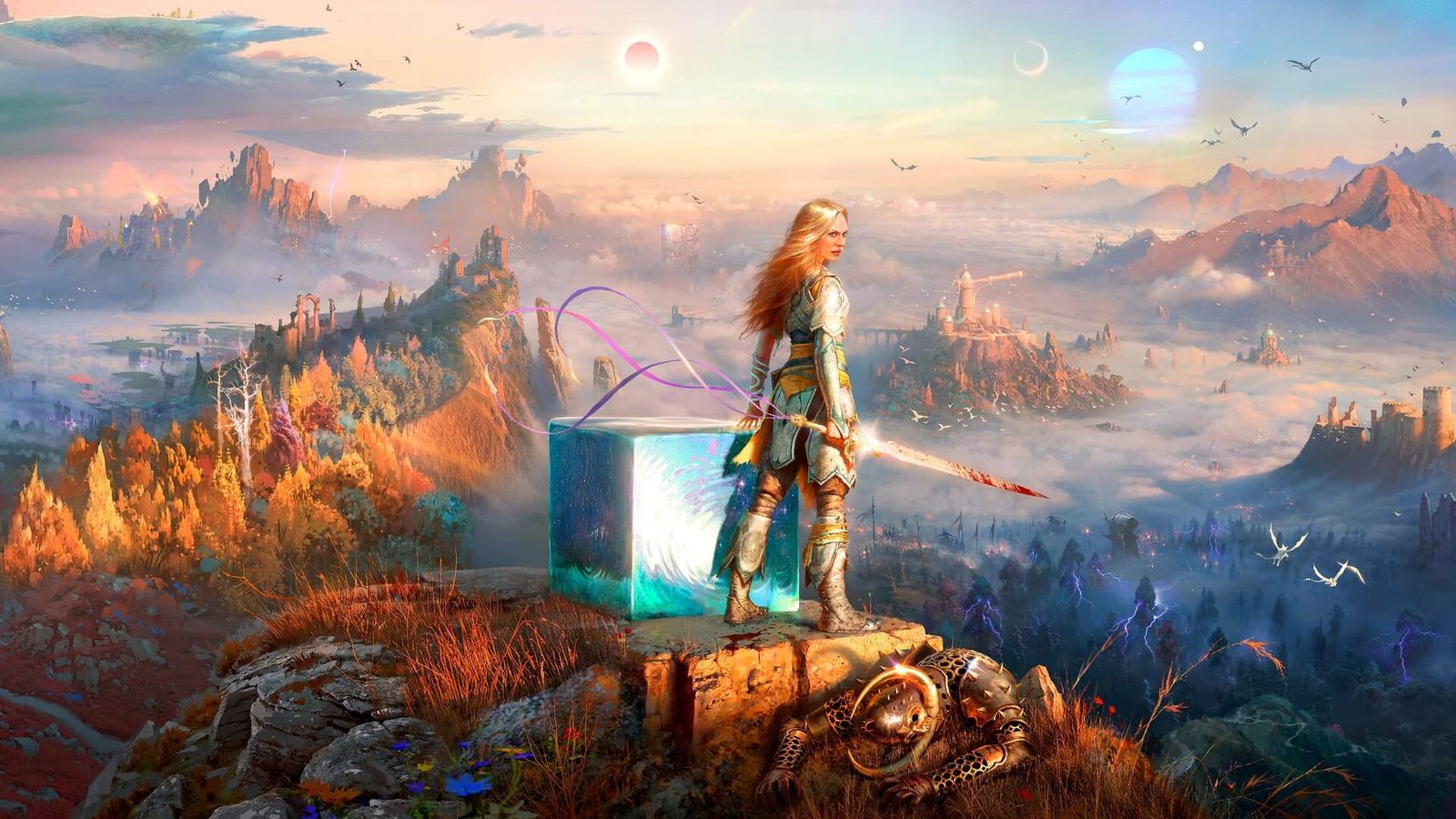 Key art of Faye in armour holding a sword on a cliff above a sea of clouds, with planets in the sky