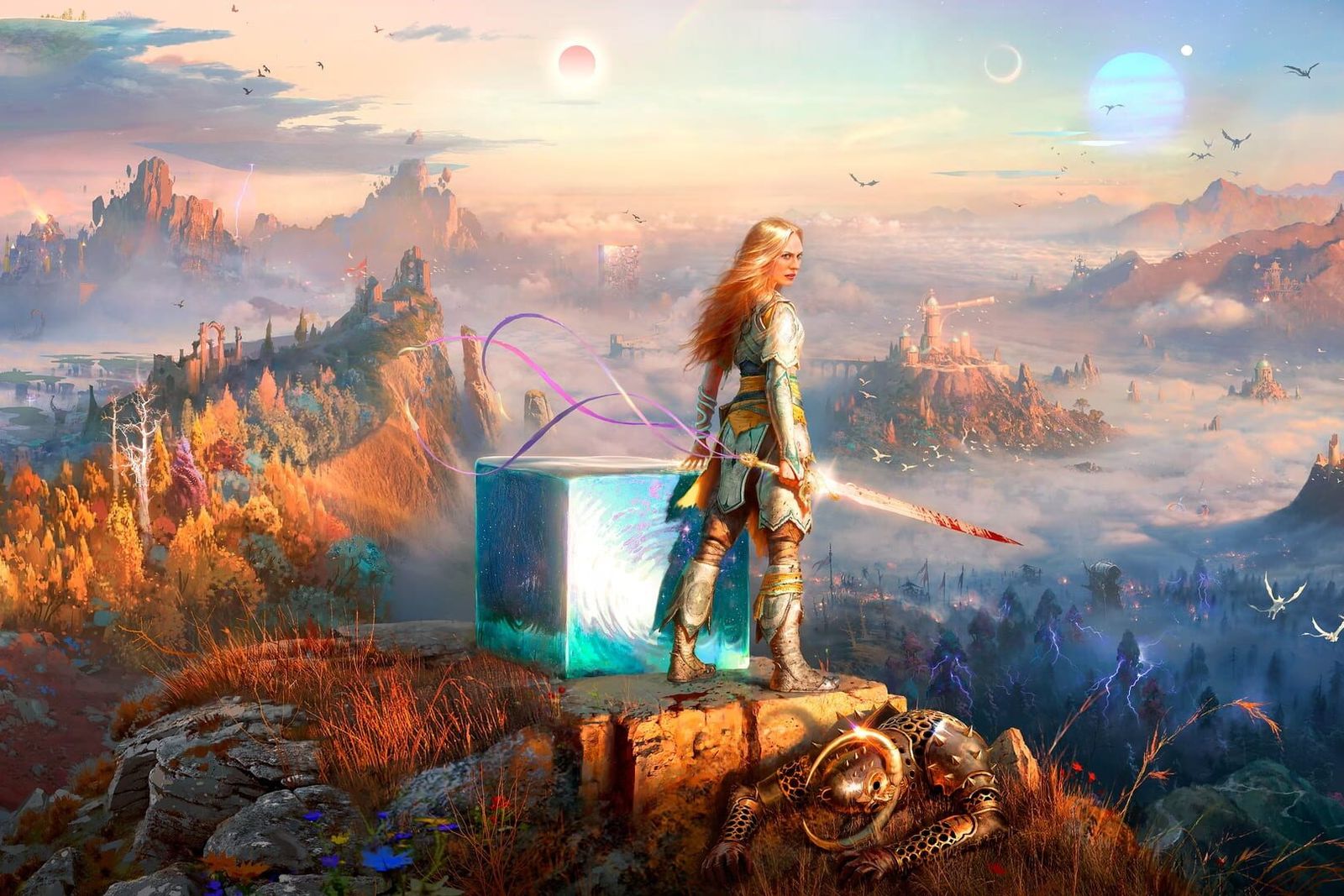 Key art of Faye in armour holding a sword on a cliff above a sea of clouds, with planets in the sky