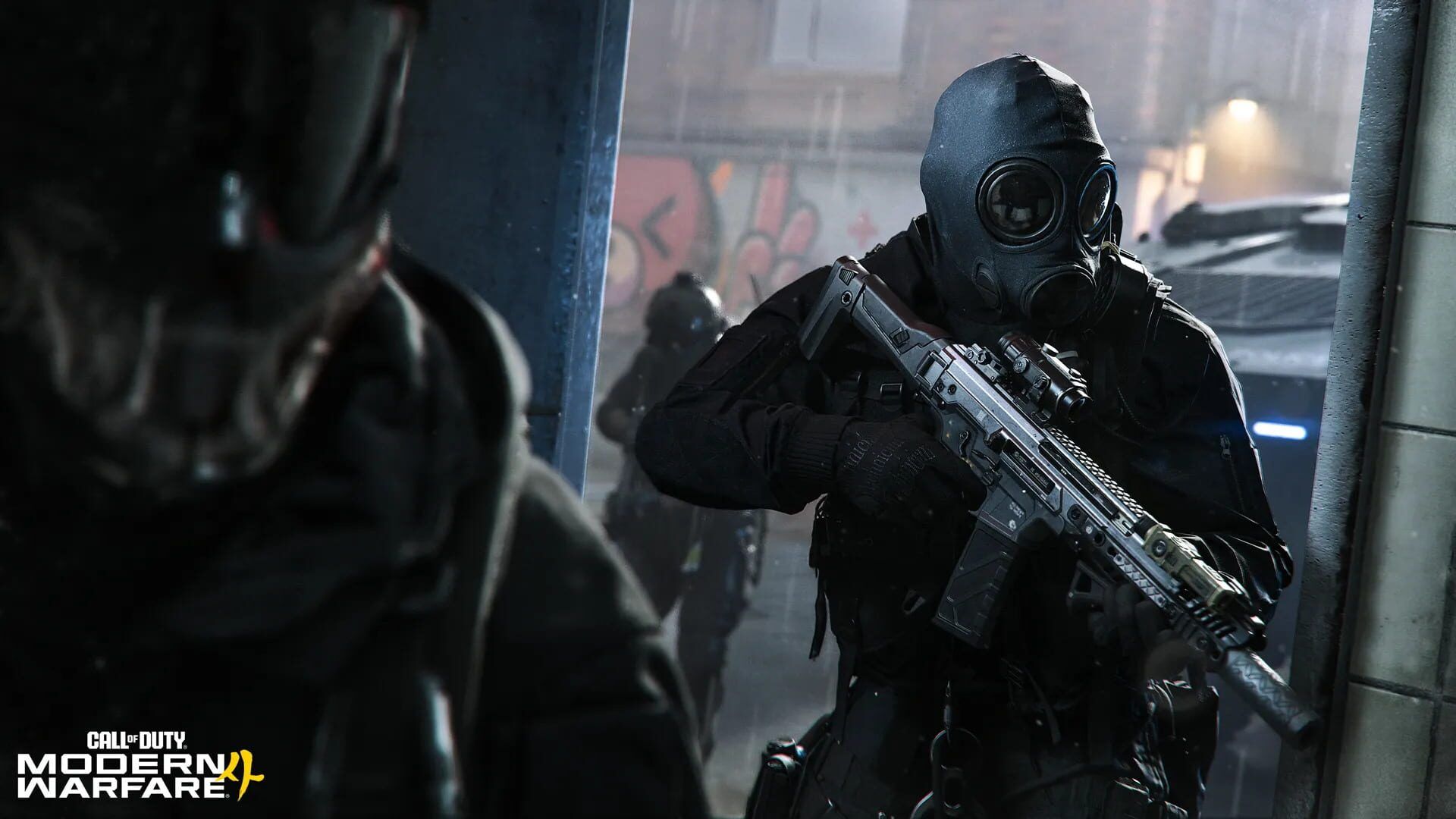 A Modern Warfare 4 operator in a gas mask and dark tactical gear aims a rifle in a rain-soaked street