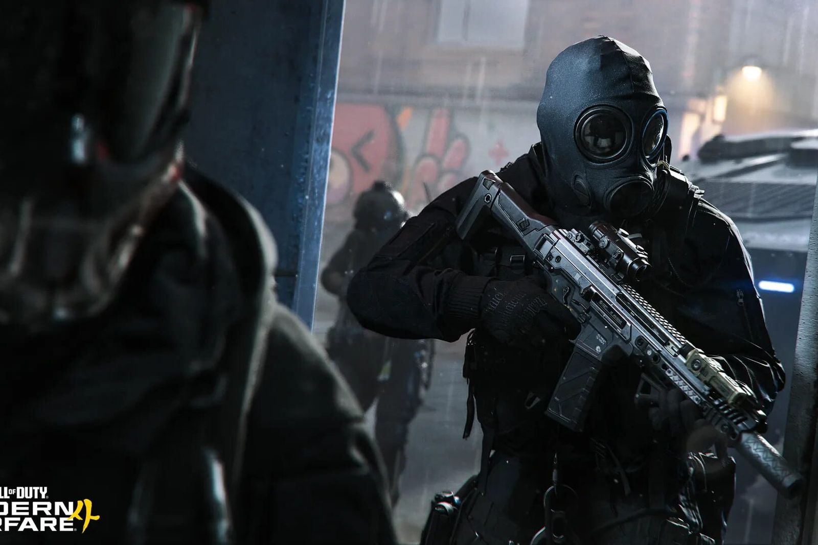 A Modern Warfare 4 operator in a gas mask and dark tactical gear aims a rifle in a rain-soaked street