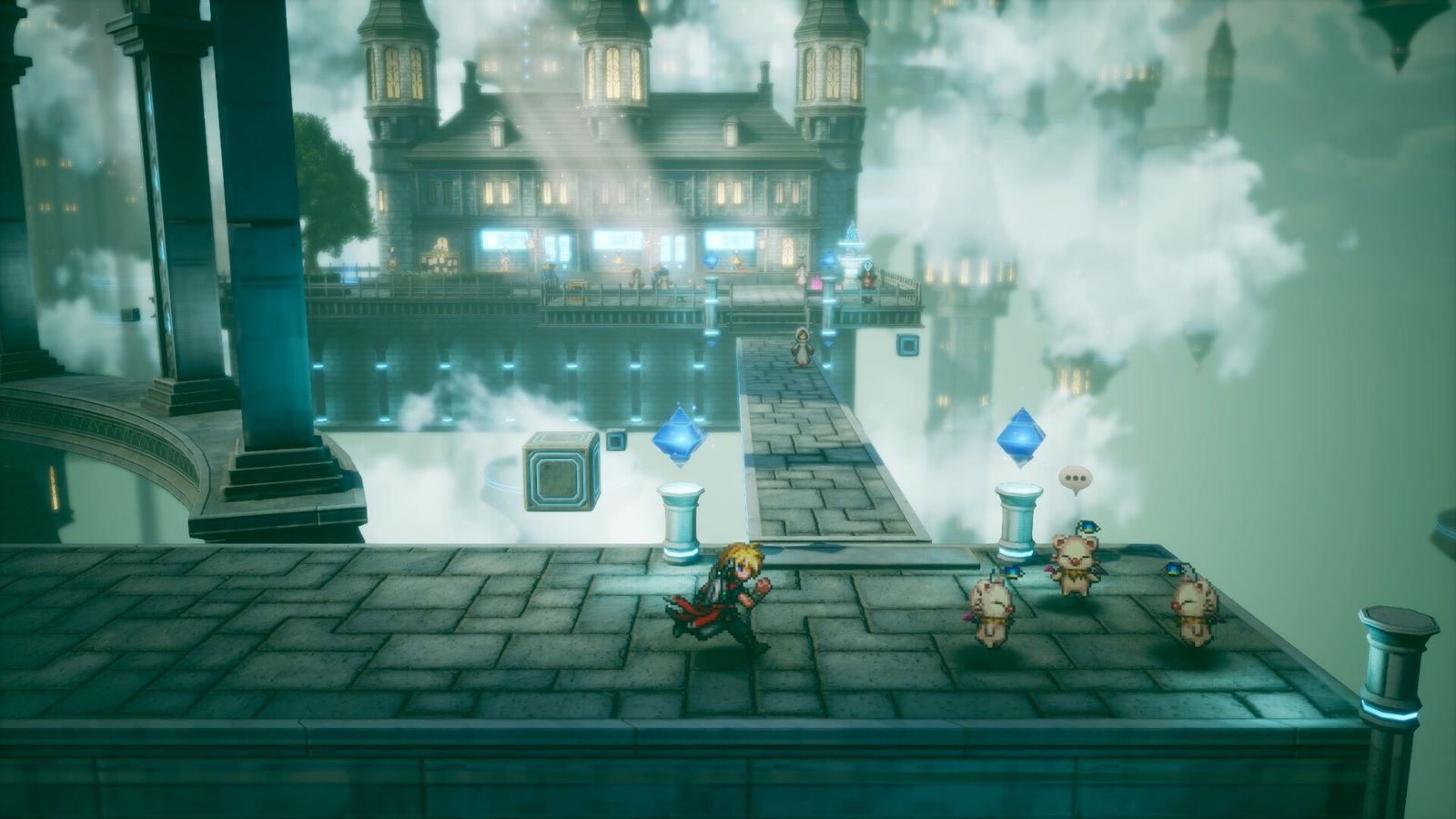 Pixel-art party walking across a stone bridge towards a floating palace in HD-2D style