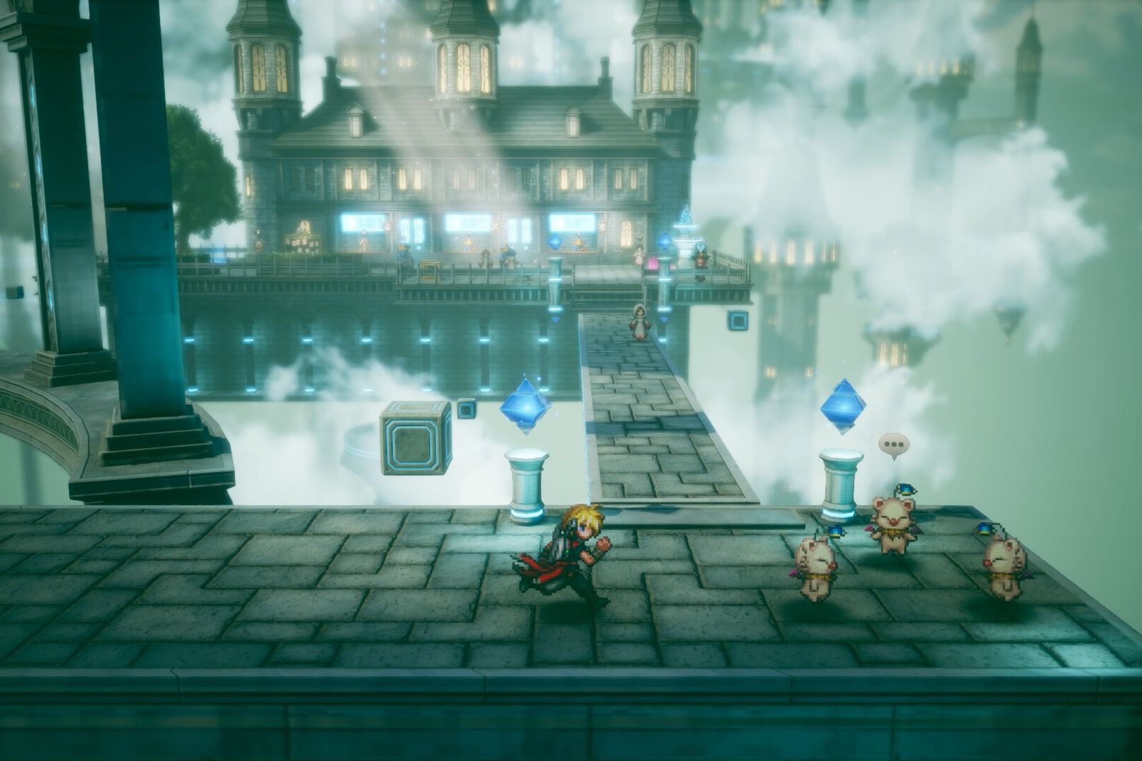 Pixel-art party walking across a stone bridge towards a floating palace in HD-2D style