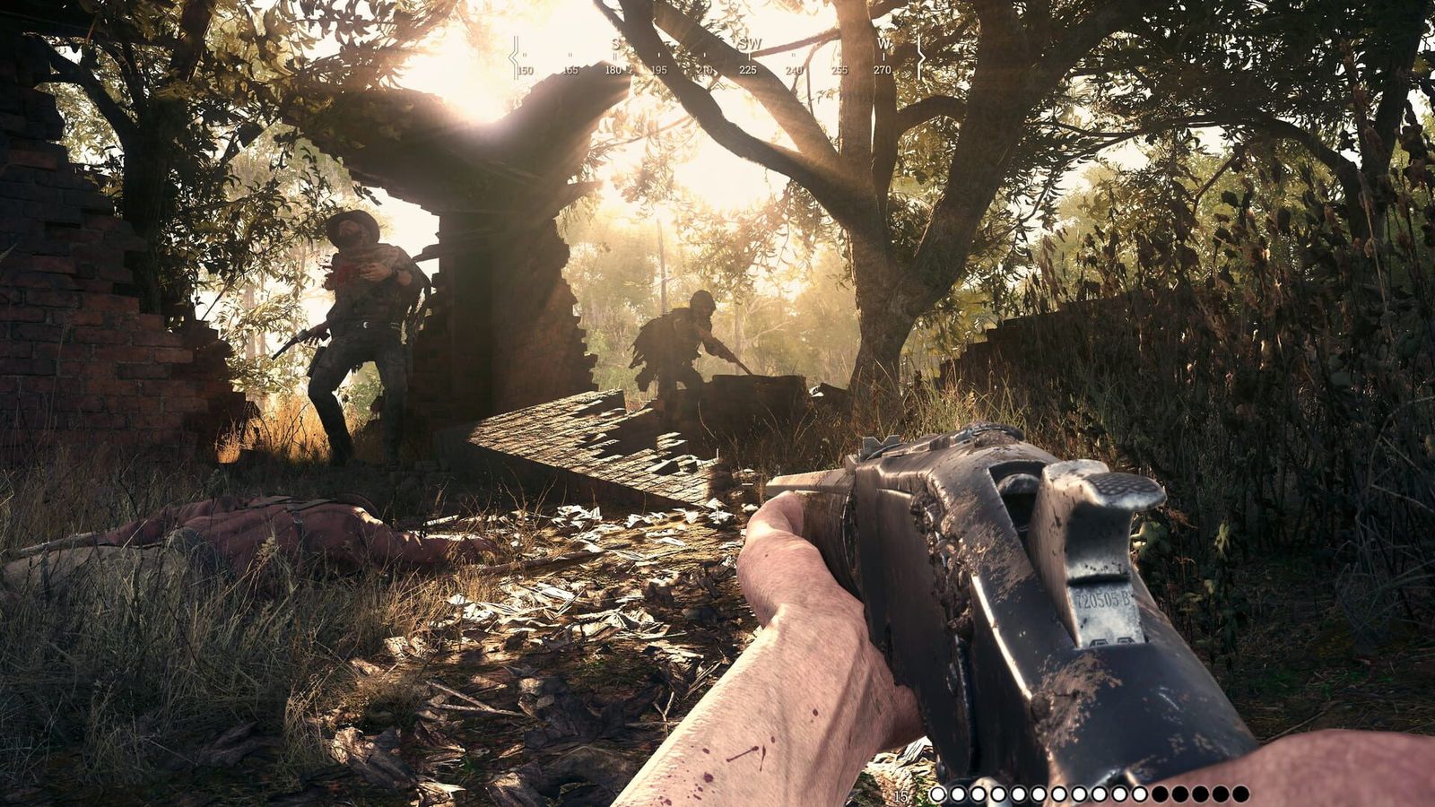 A first-person view of a hunter holding a shotgun in a sunlit swamp while two other hunters advance
