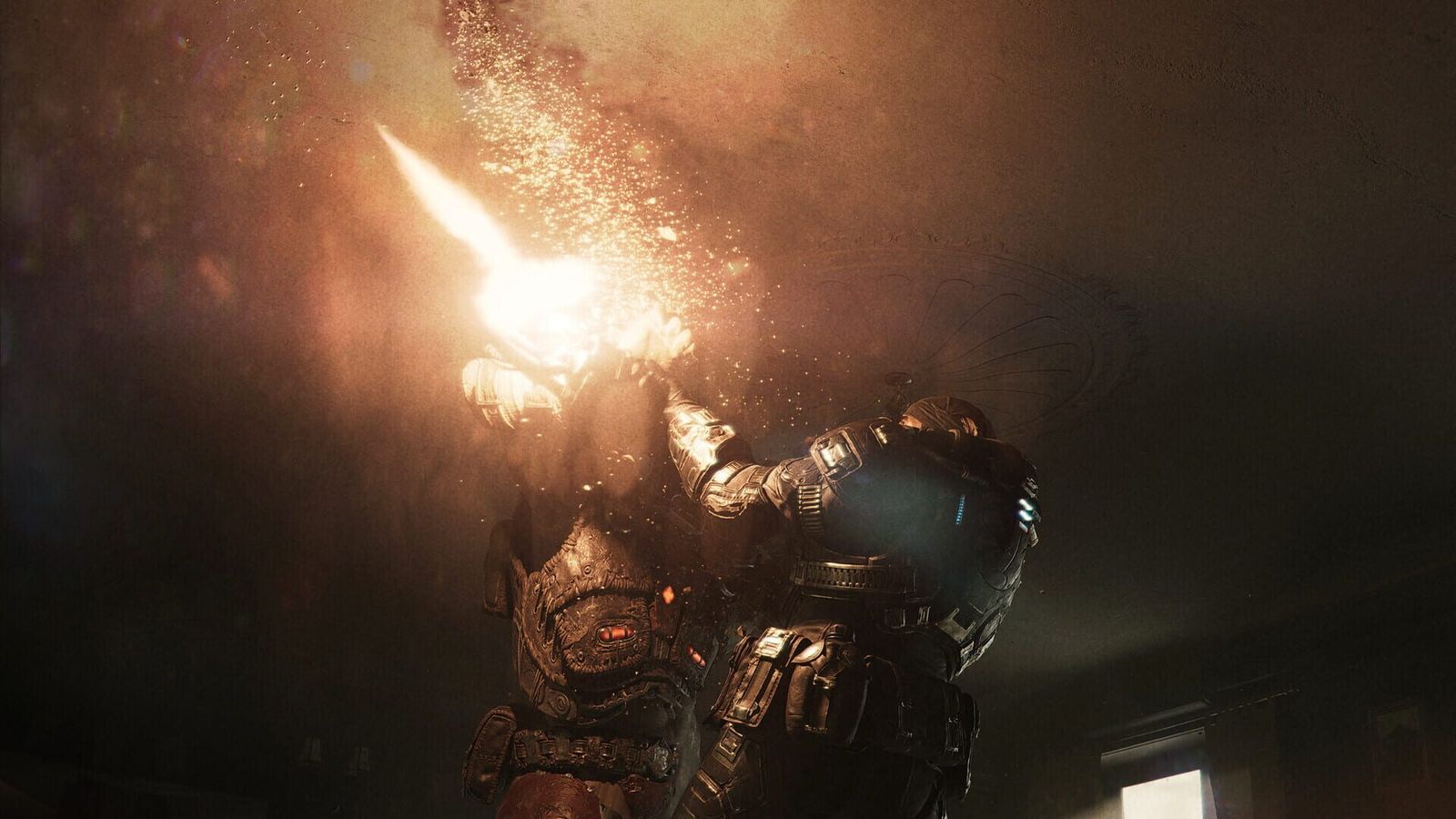 An armoured COG soldier fires a rifle in a dark room, the muzzle flash lighting up sparks and dust