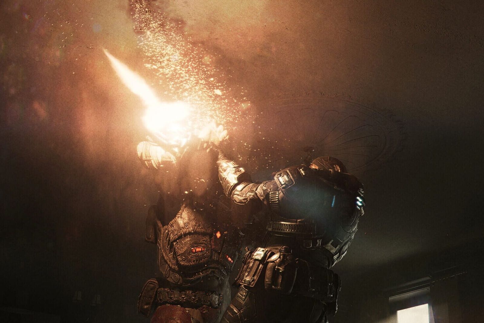 An armoured COG soldier fires a rifle in a dark room, the muzzle flash lighting up sparks and dust