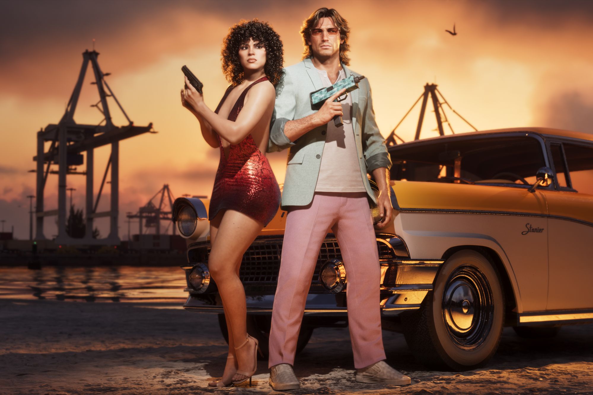 Lucia and Jason holding pistols beside a two-tone 1950s sedan at a dock at sunset, with cranes behind them