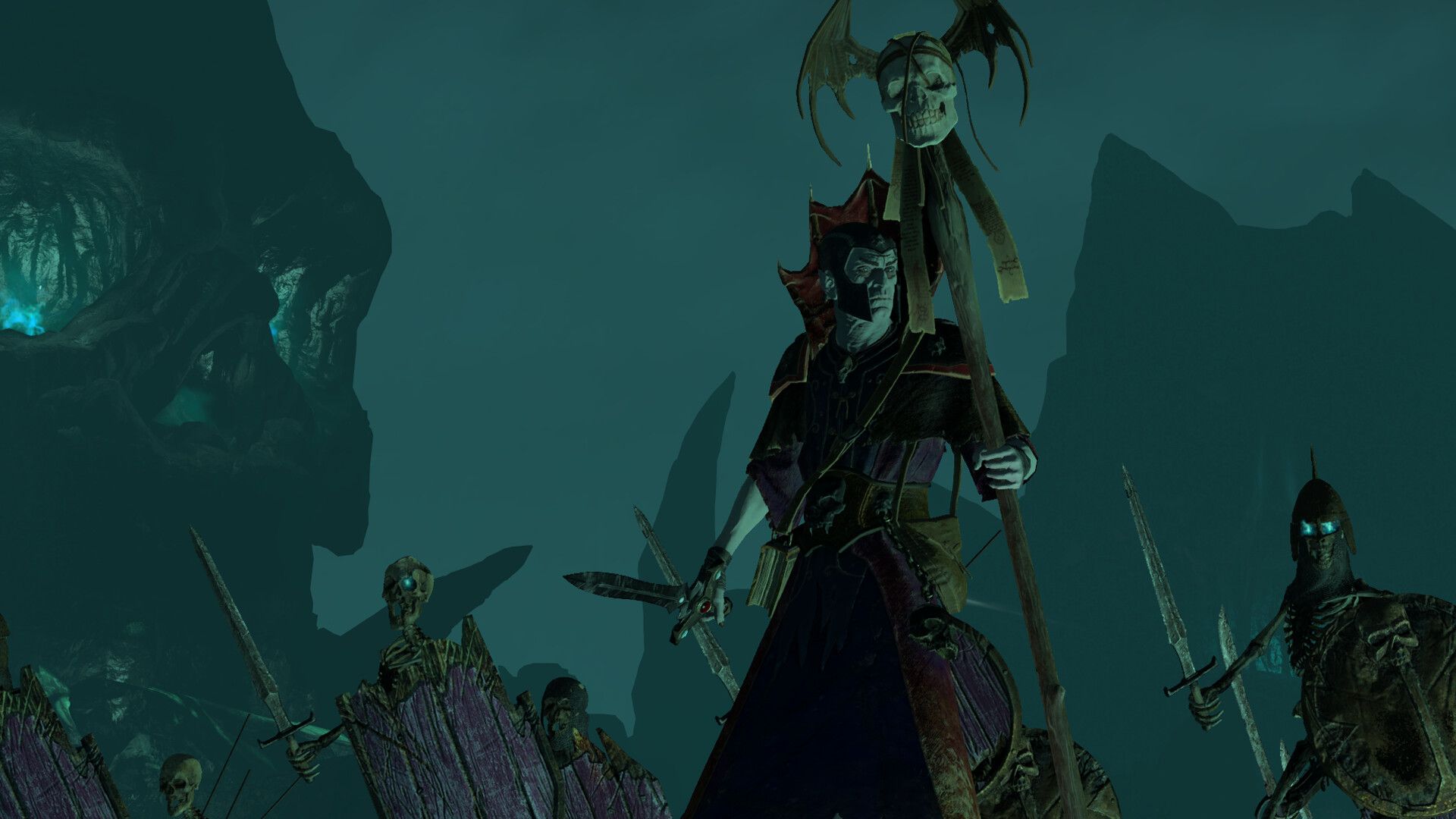 A pale vampire in a red-collared robe holding a skull-topped staff leads skeleton warriors through a dark cavern