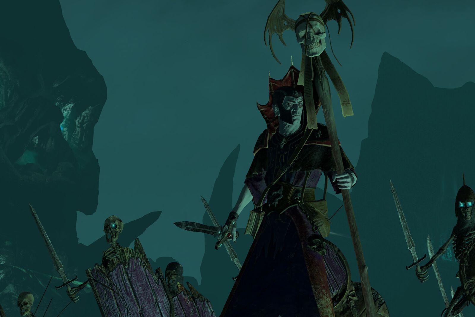 A pale vampire in a red-collared robe holding a skull-topped staff leads skeleton warriors through a dark cavern