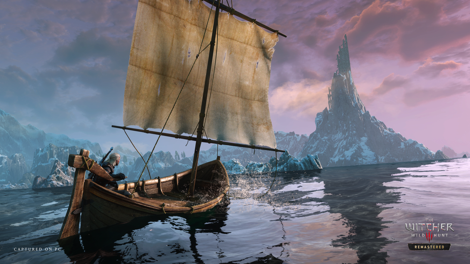 Geralt of Rivia standing in a small wooden boat on a river in The Witcher 3 Remastered