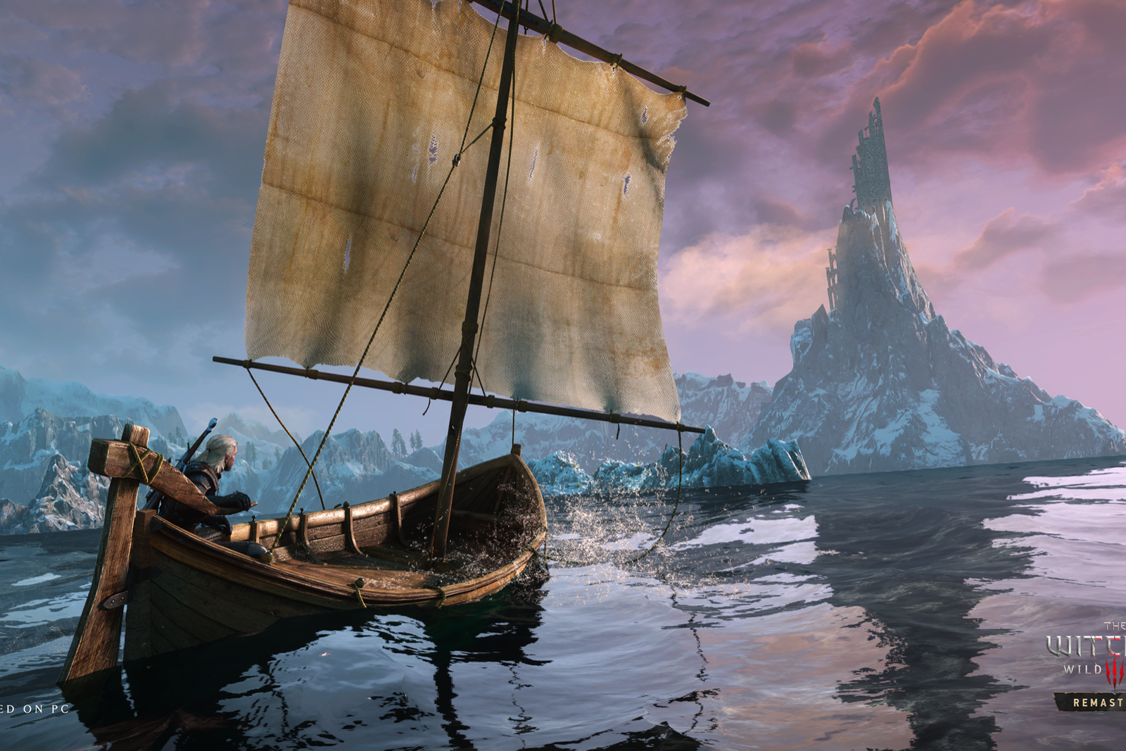 Geralt of Rivia standing in a small wooden boat on a river in The Witcher 3 Remastered