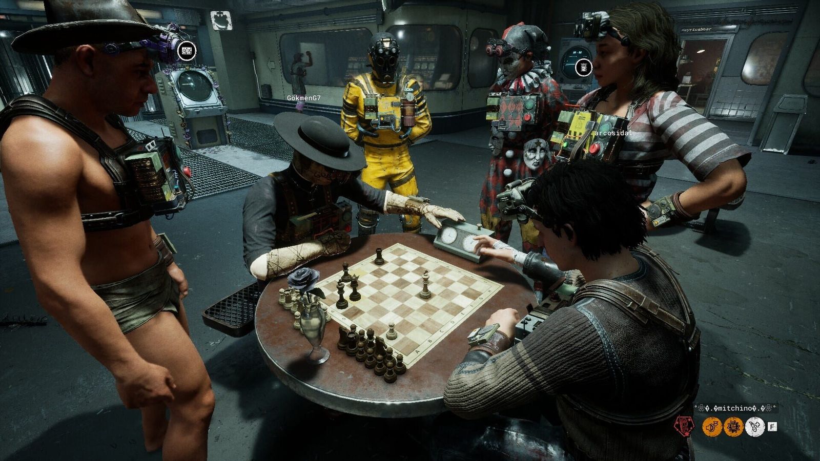 Four Reagent characters in prison gear and night-vision goggles gathered around a chess table in a grey facility