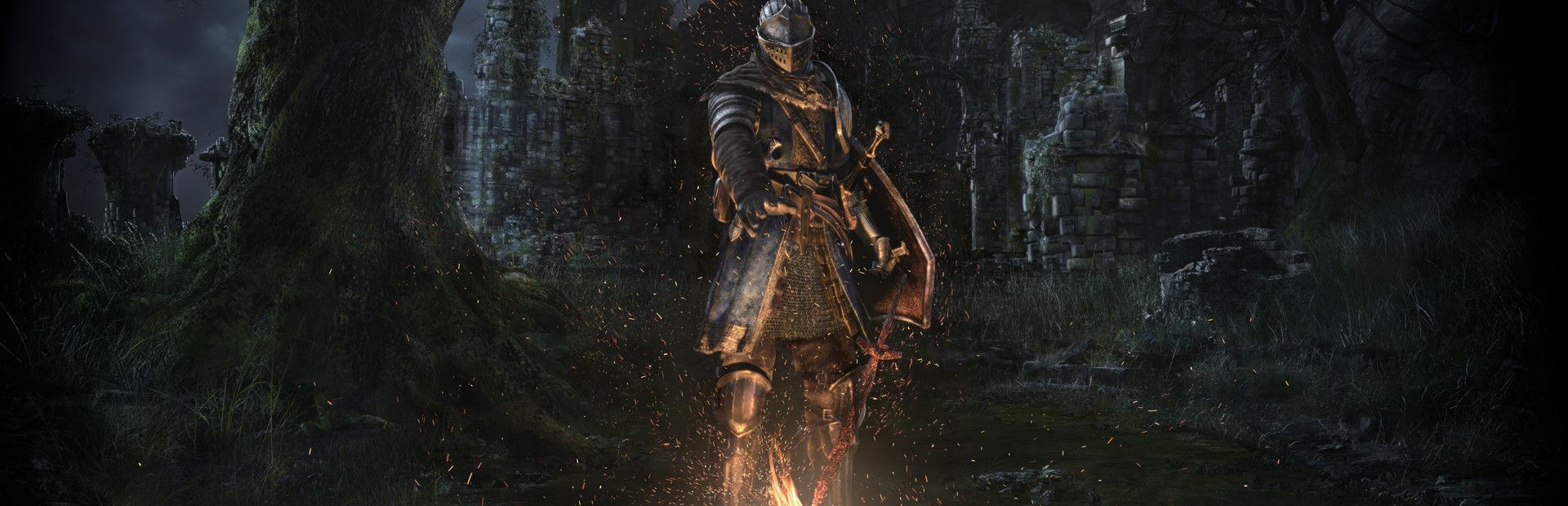 An armoured knight standing behind a bonfire among overgrown ruins at night