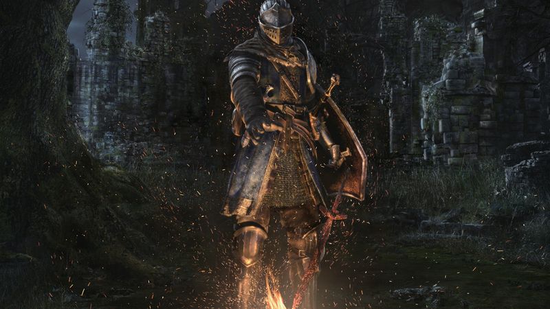 An armoured knight standing behind a bonfire among overgrown ruins at night