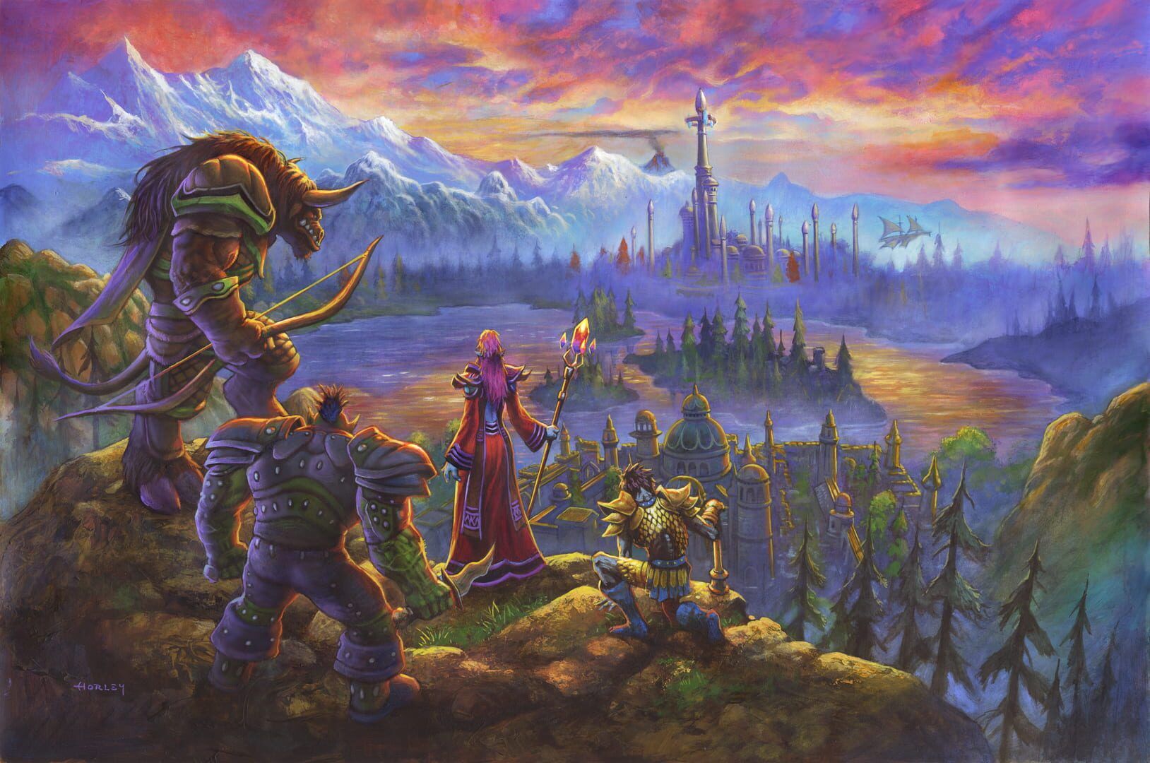 Painted artwork of a tauren, an orc, a mage and a dwarf on a hilltop overlooking a lake and a city with a tall spire