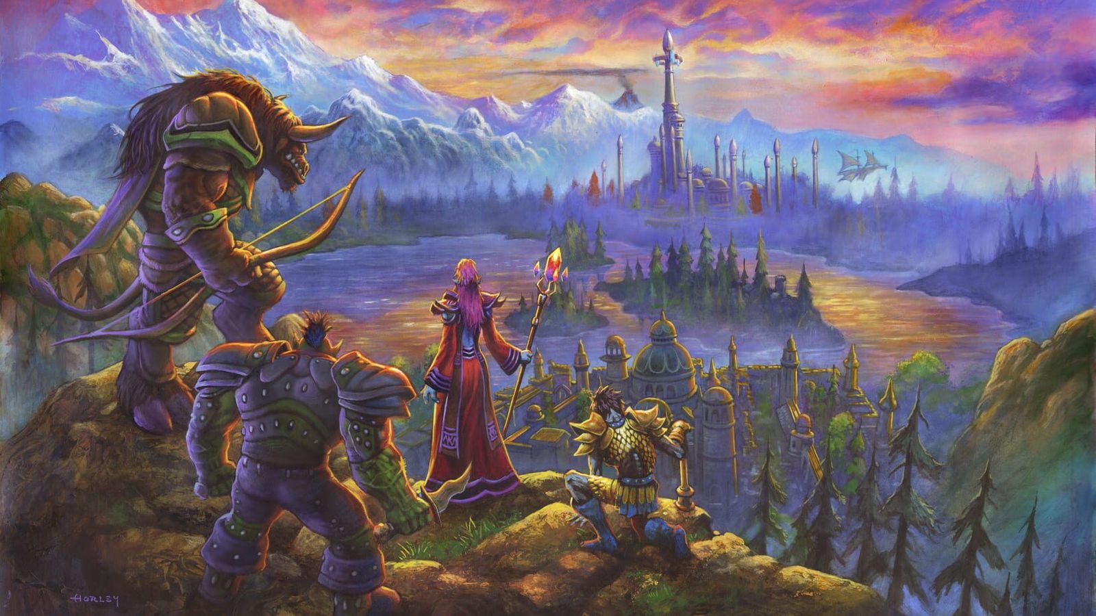 Painted artwork of a tauren, an orc, a mage and a dwarf on a hilltop overlooking a lake and a city with a tall spire