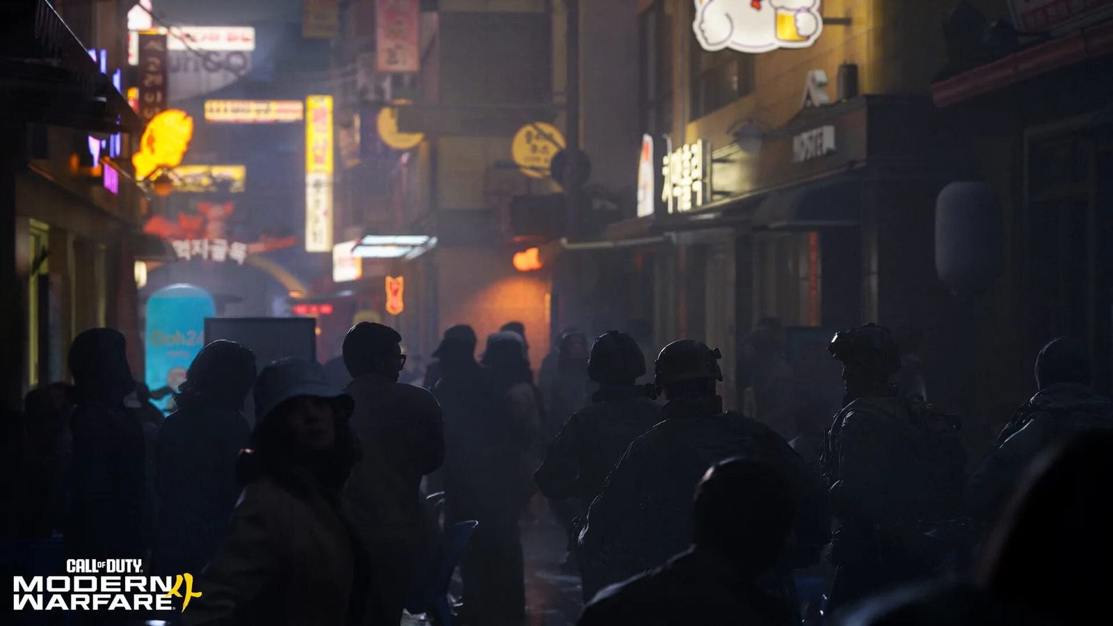 Silhouetted crowd and soldiers in a neon-lit Asian street at night