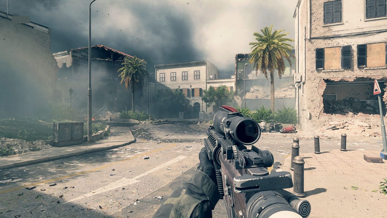 First-person view of a soldier aiming a scoped rifle down a damaged street lined with palm trees and white buildings
