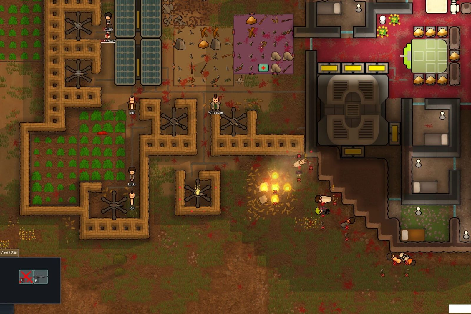 Top-down RimWorld screenshot of a colony with fenced crop fields, solar panels and a red-floored base, with a fire burning near the entrance