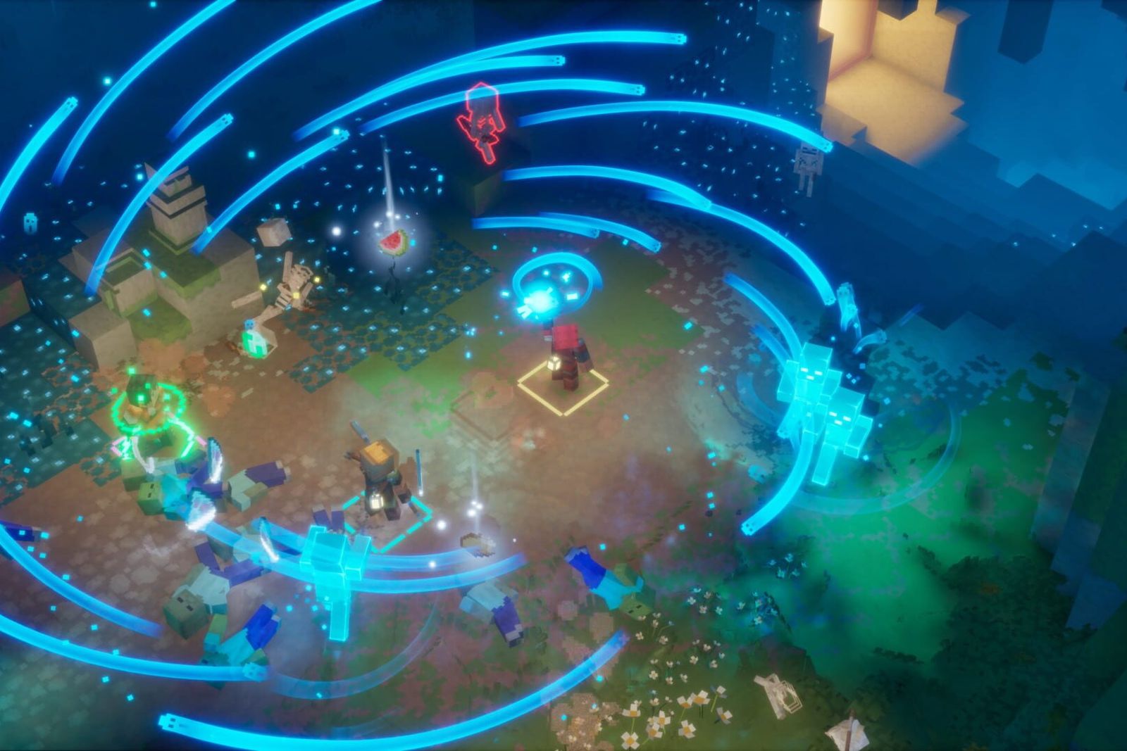 Top-down view of a blocky hero standing in a swirl of glowing blue energy trails, surrounded by mobs on a dark forest floor
