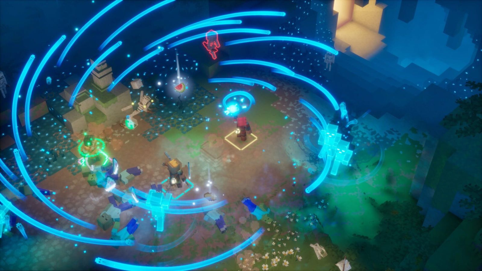 Top-down view of a blocky hero standing in a swirl of glowing blue energy trails, surrounded by mobs on a dark forest floor