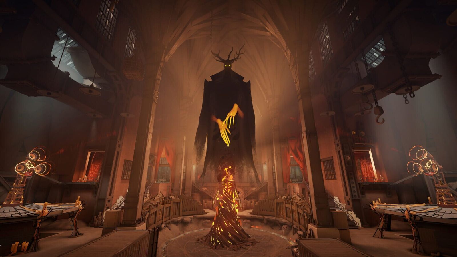 A tall antlered figure looms over a fire in a gothic hall in Deadlock