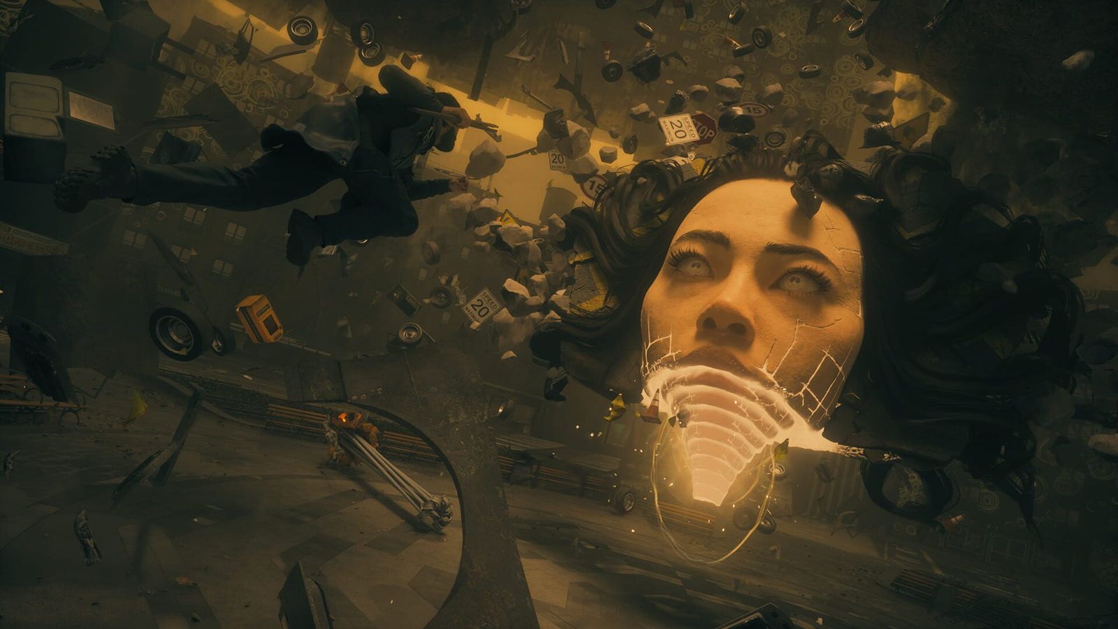 A giant pale woman's face surrounded by floating debris in a dim, distorted space