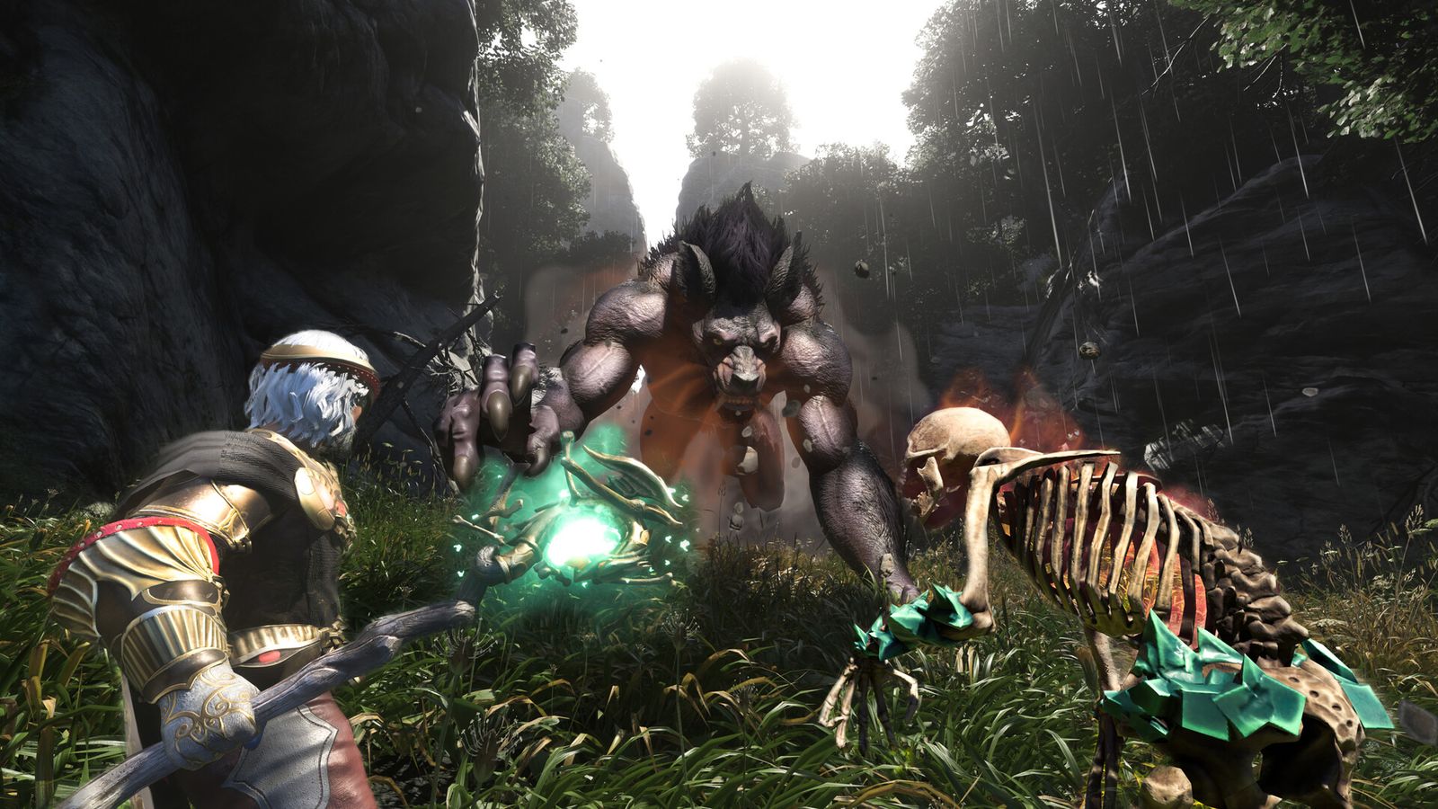 An armoured Enshrouded character holding a glowing green spell beside a skeleton ally, facing a large furred beast in a forest