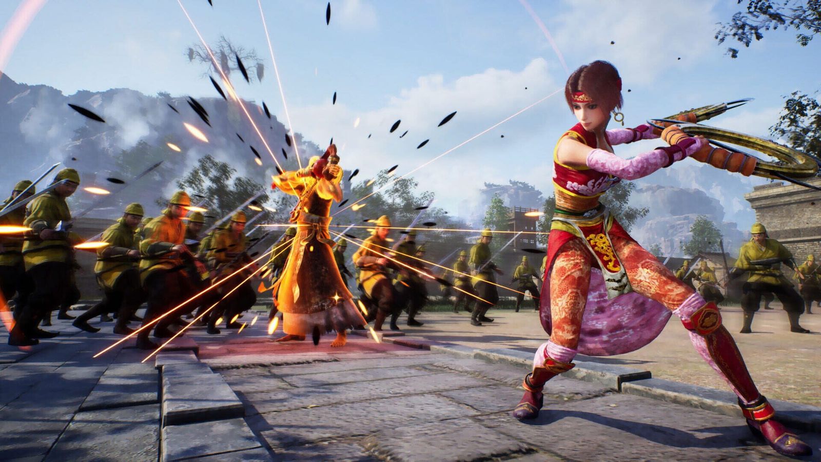 A fighter with twin blades faces a line of enemy soldiers in a courtyard as arrows fly overhead