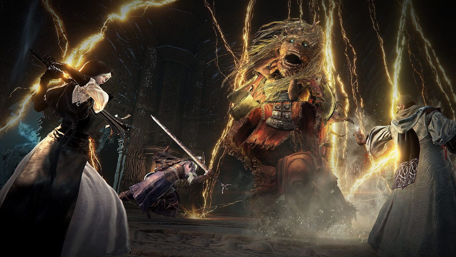 The Undertaker swings a hammer at a lion-maned boss crackling with gold lightning in Elden Ring Nightreign