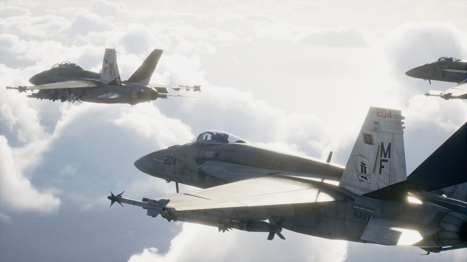 Three grey F/A-18 fighter jets flying in formation above white clouds in Ace Combat 8: Wings of Theve