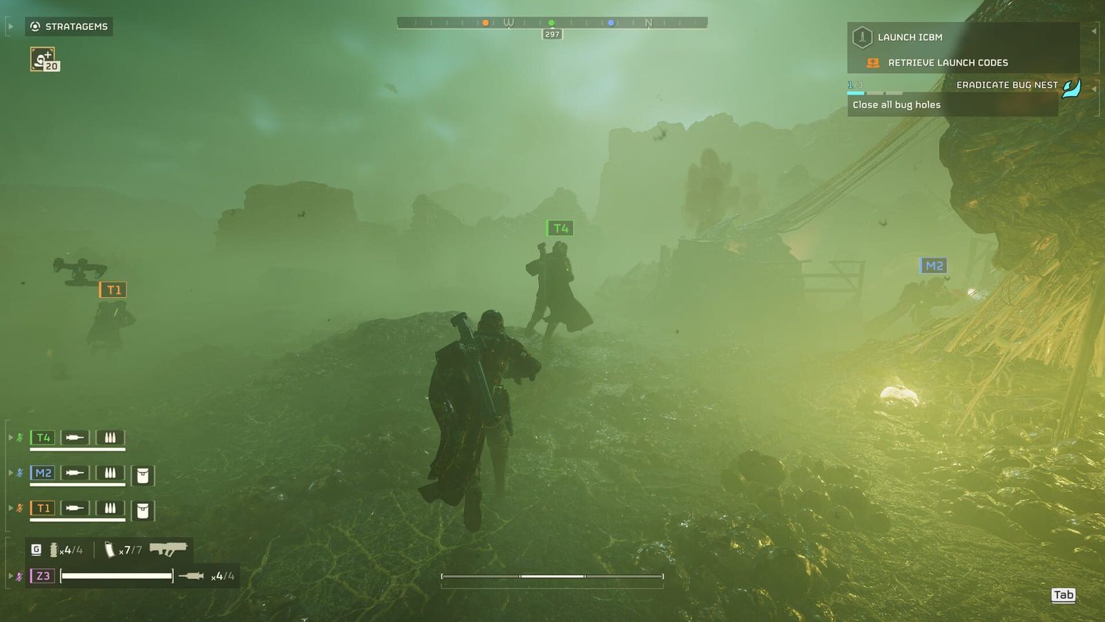 A Helldiver runs through green toxic fog on an alien planet while squadmates follow behind.