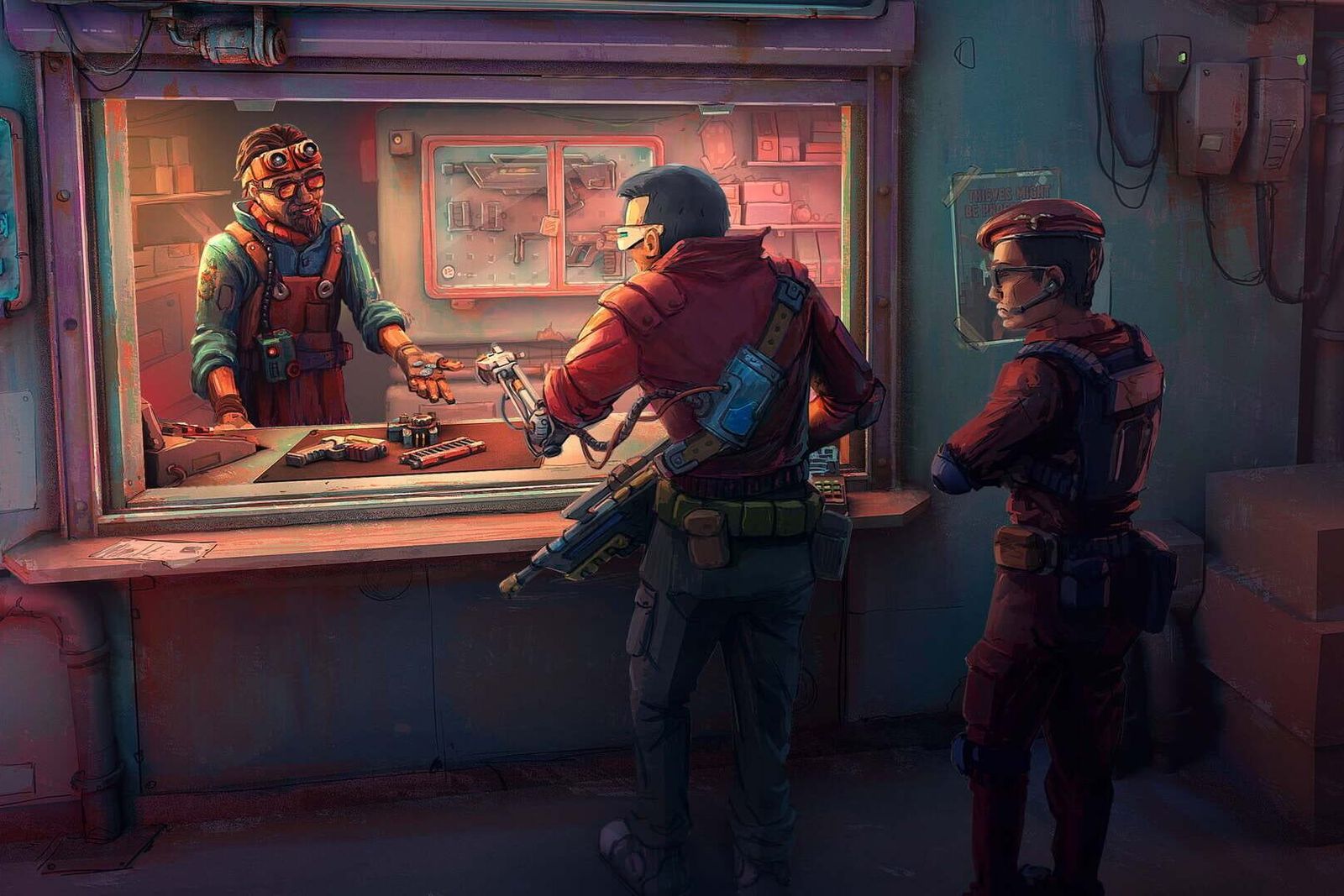 Probably Stolen artwork: a goggled shopkeeper at a counter window serves an armed customer in a red jacket while a guard waits