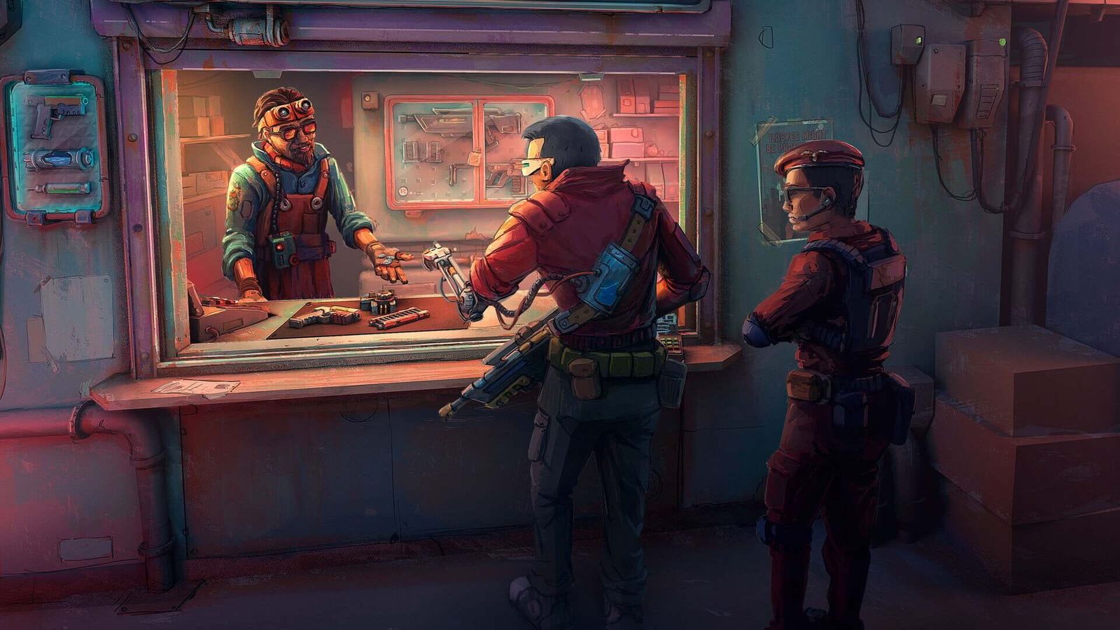 Probably Stolen artwork: a goggled shopkeeper at a counter window serves an armed customer in a red jacket while a guard waits